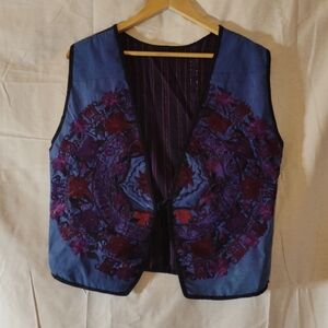Hand Crafted Vintage Ethnic Embroidered Blue & Purple Vest w/ Tie Closure